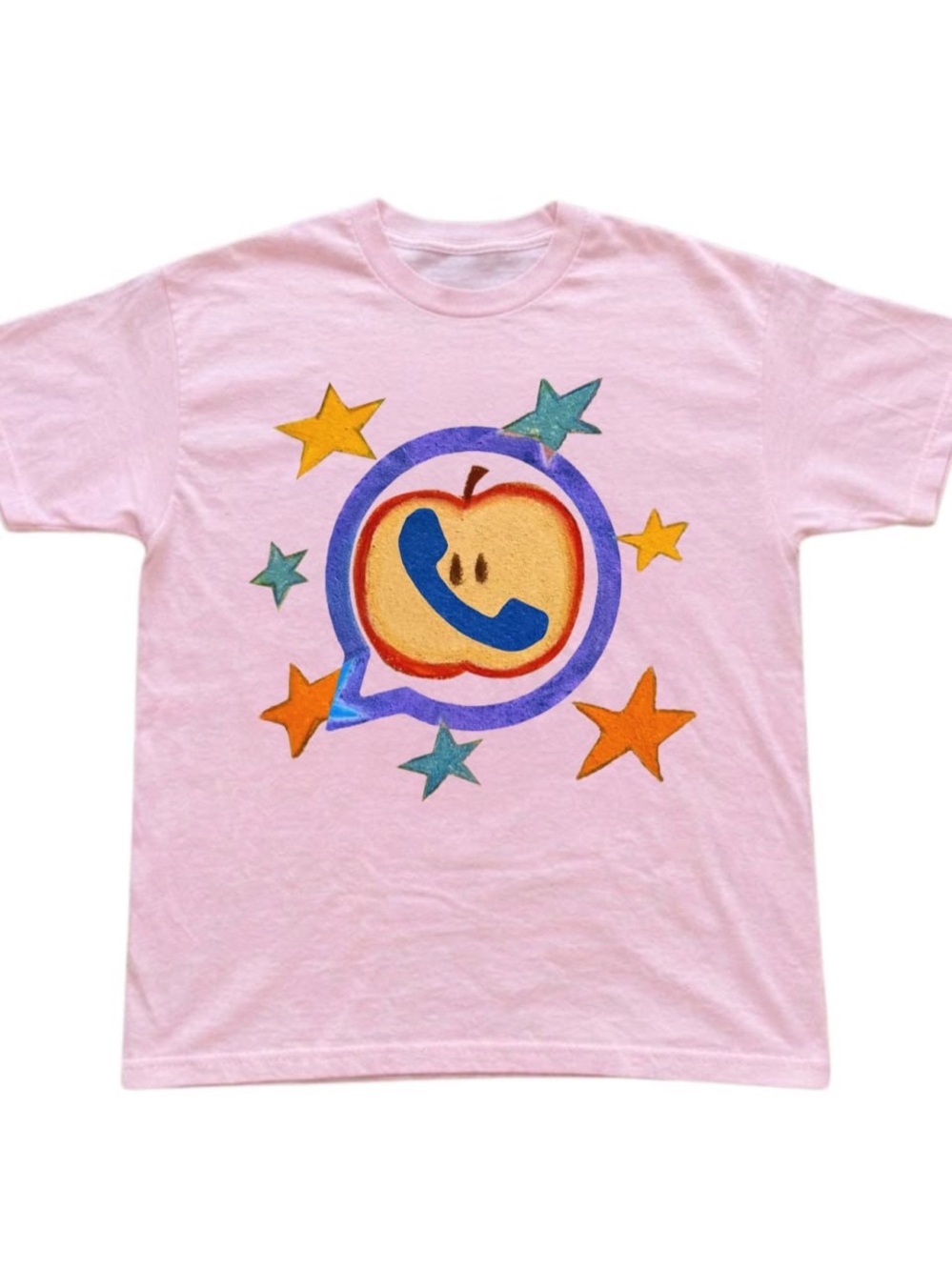 Gildan Pink Tee with Colorful Apple & Star Graphic